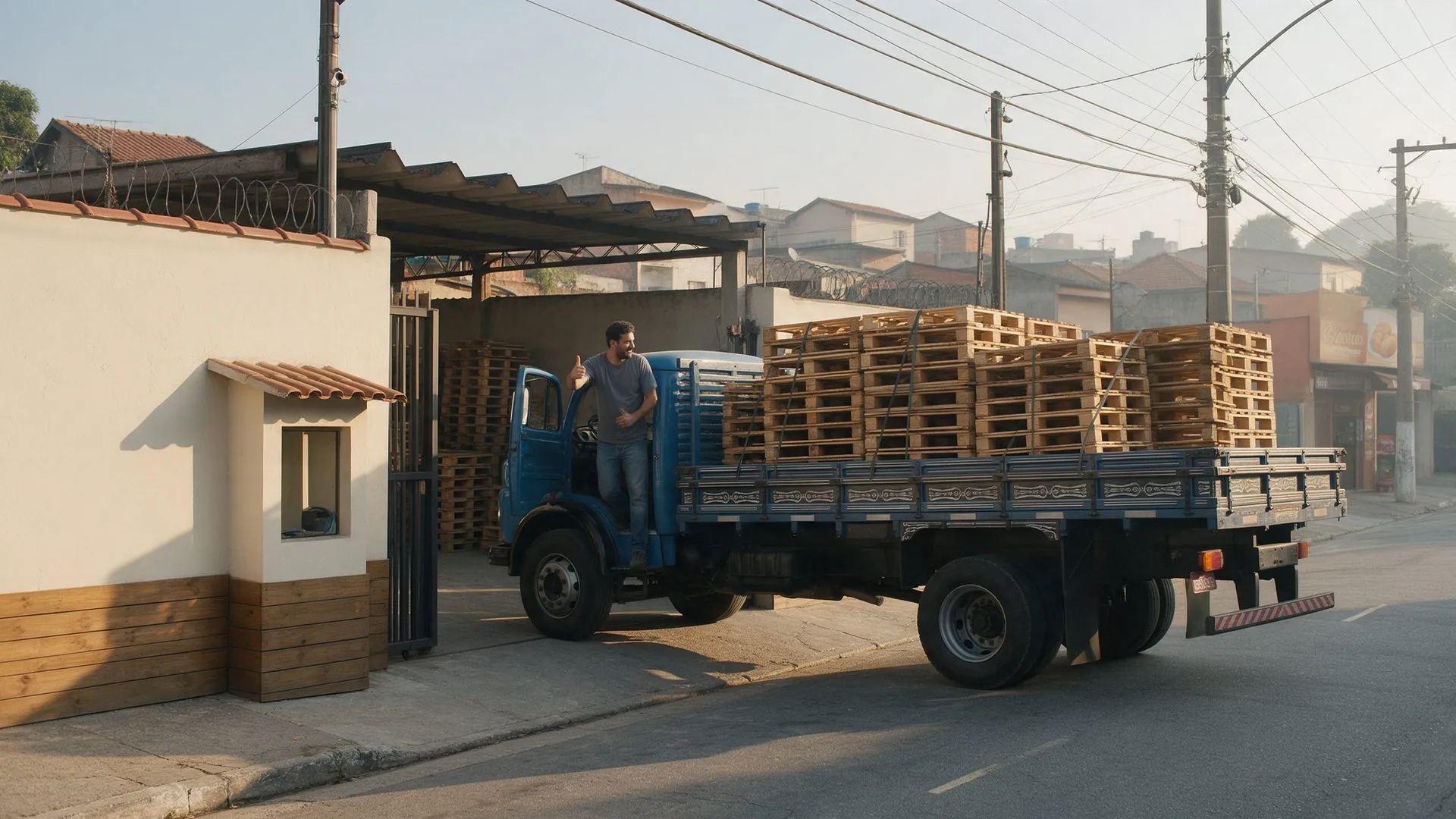 Caminhão da RM Pallets na portaria do pátio, pronto para buscar e entregar paletes