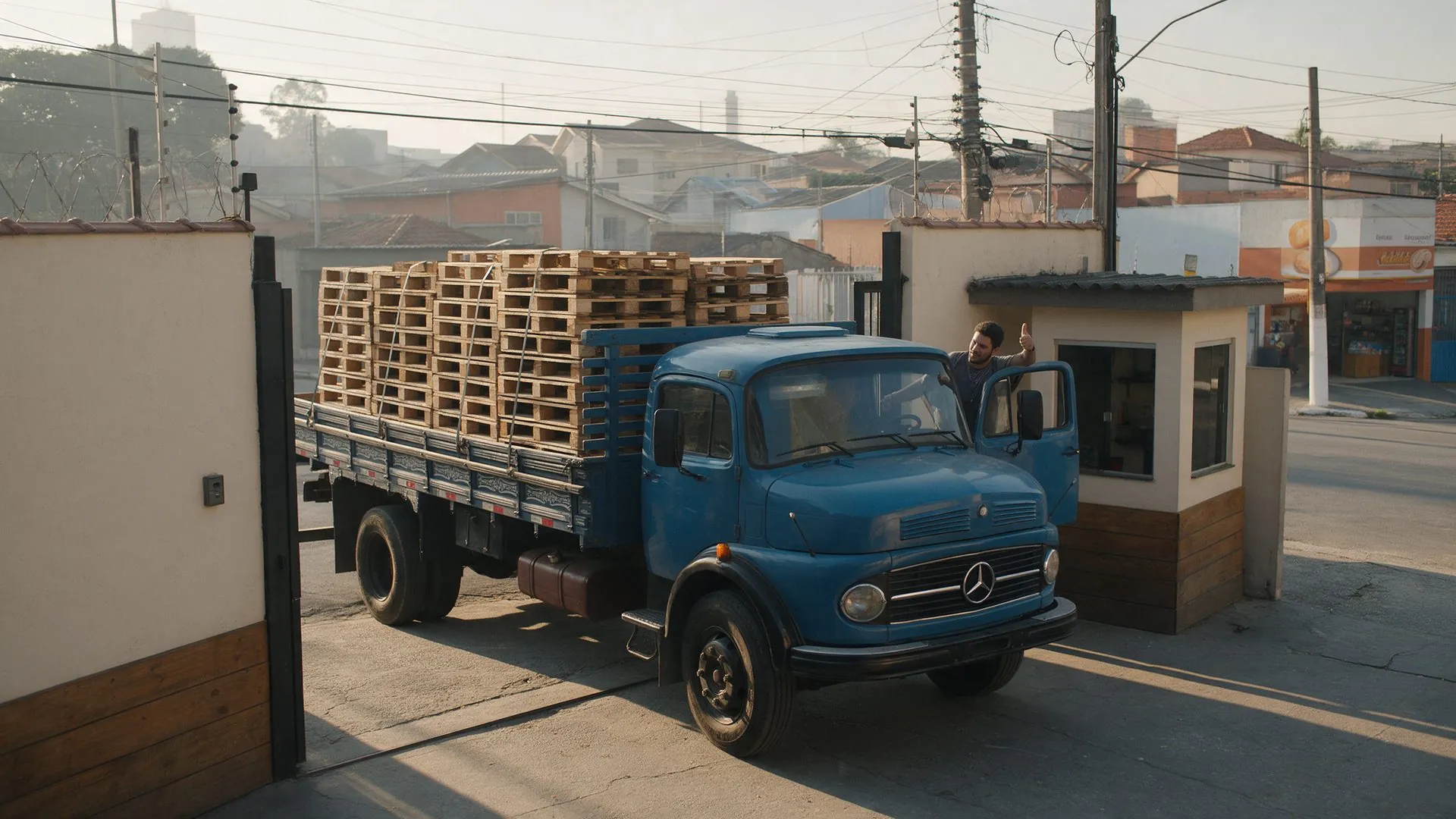 Caminhão da RM Pallets carregado de paletes saindo do pátio para entrega