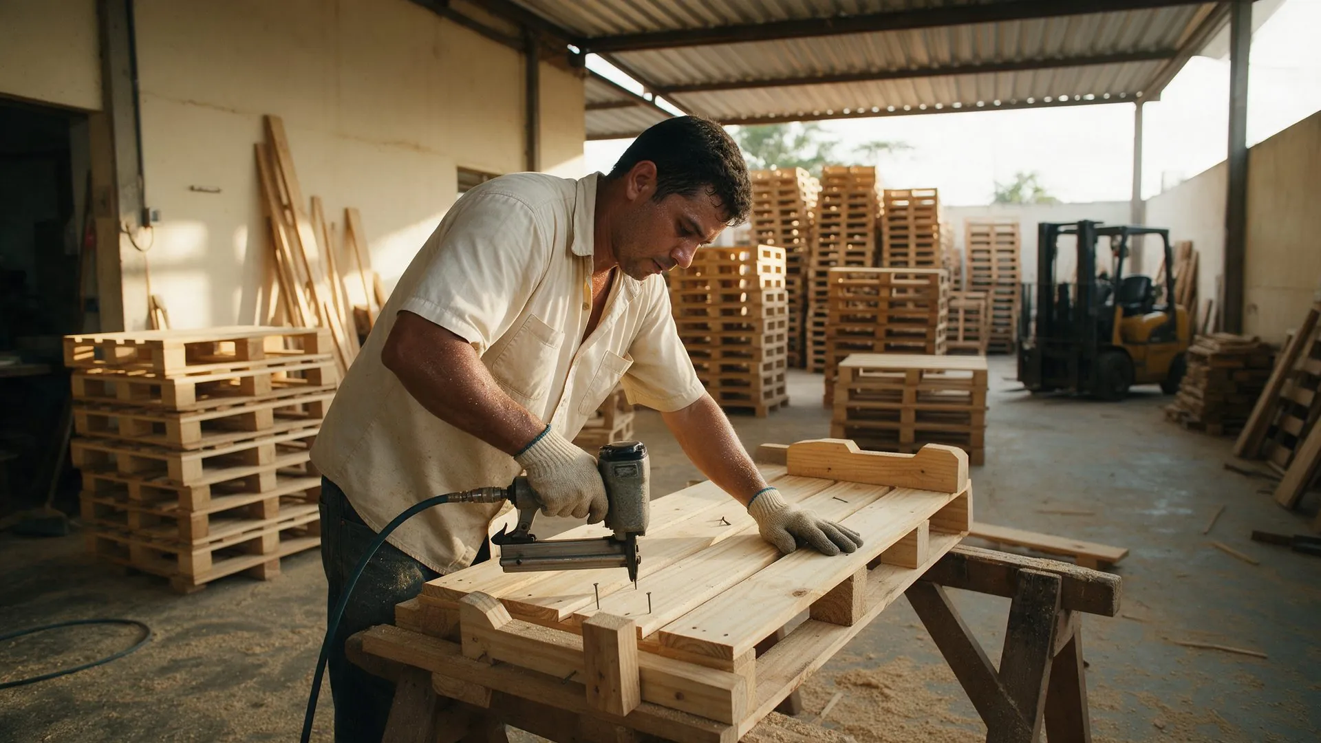 Equipe da RM Pallets montando paletes no galpão coberto
