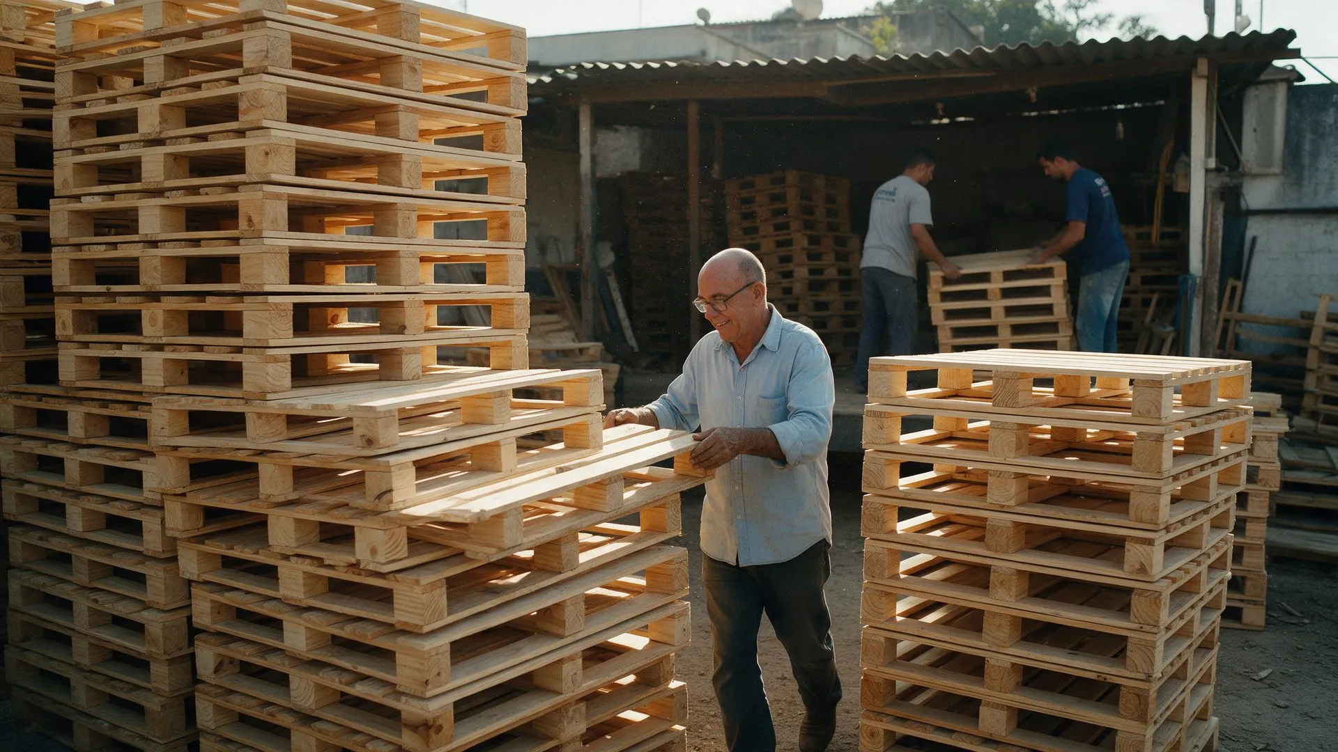 Pilhas de paletes novos no pátio da RM Pallets, em Vila Clarice