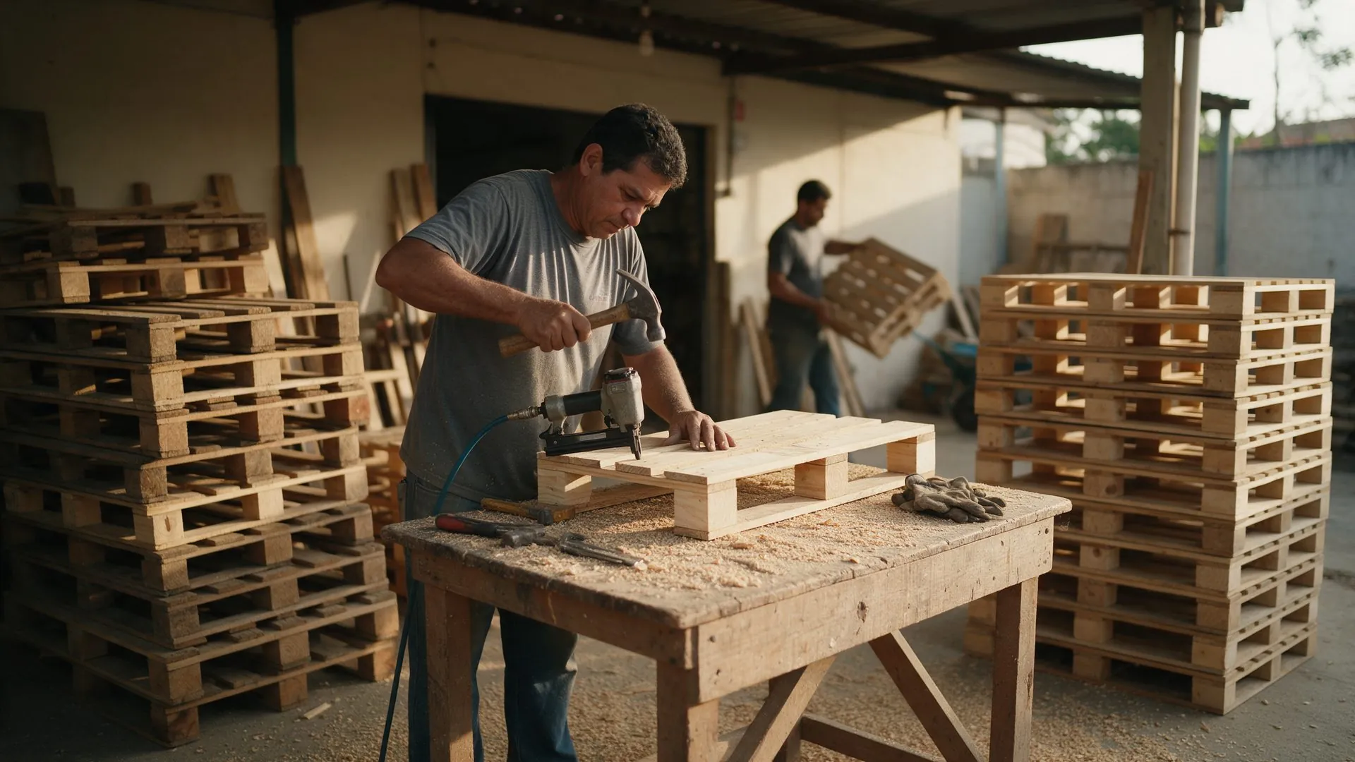 Bancada de reforma da RM Pallets: palete usado sendo recuperado à mão
